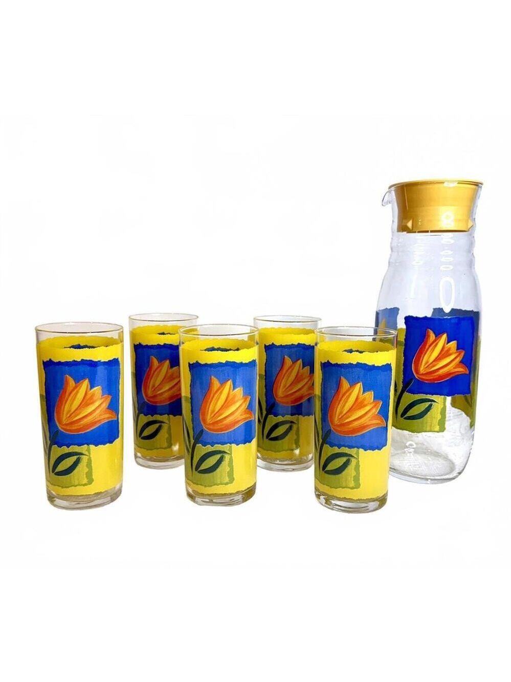 Vintage Luminarc Matys Tulip Glasses & Pitcher Set Floral Retro Drinkware France